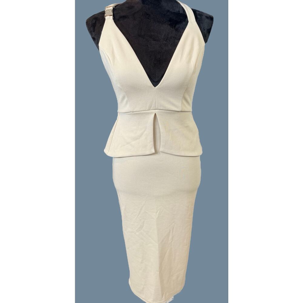 NWT ASOS Size US 4 Cream/Beige/Nude Buckle Strap Peplum Midi Dress - Picture 2 of 9